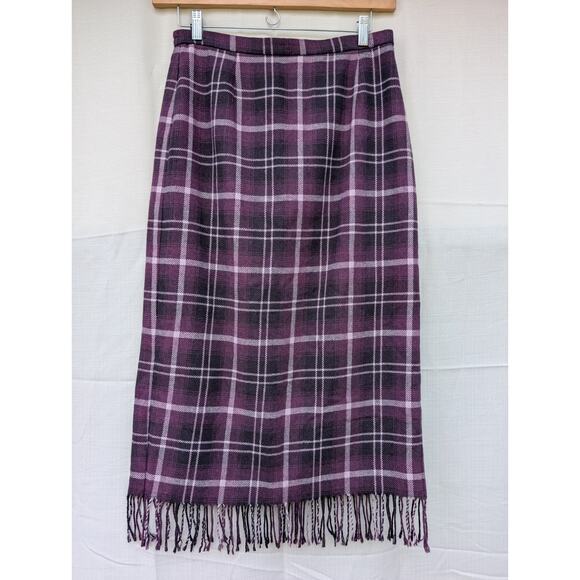 Nouveaux VTG Women's Plaid Midi Skirt Sz 12P Purple Fringed Hem Fall Grunge - Picture 1 of 5